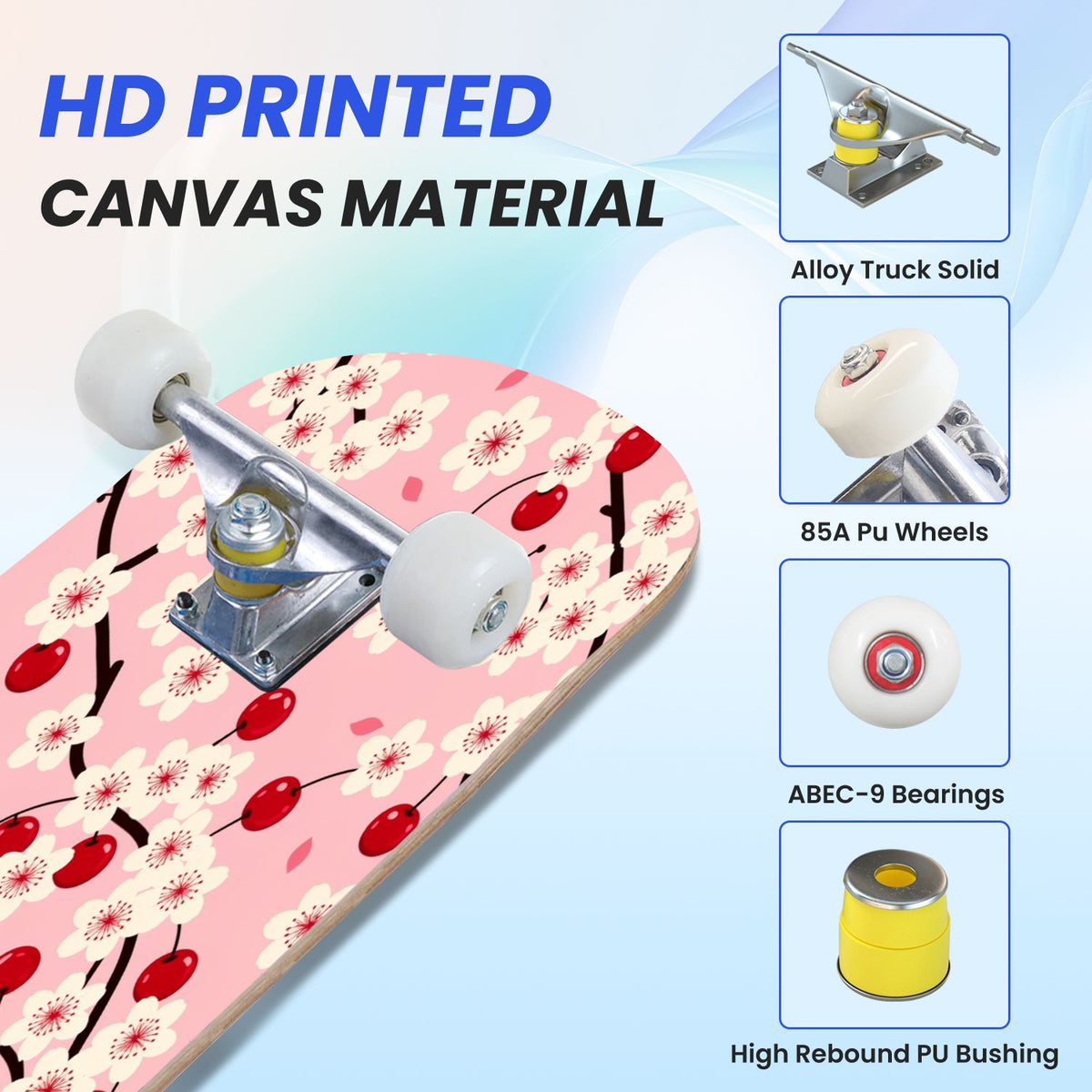 31"x8" Complete Skateboards for Beginners, Cherry Blossom Red Cherry Seamless Pink Botanical Double Kick 7 Ply Canadian Maple Deck Skateboard with Wheels, Gifts for Girls Teens