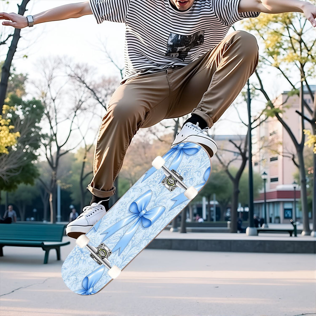 31"x8" Complete Skateboards for Beginners,Elegant White Blue Flowers Soft Petals Dreamy Artistic Double Kick 7 Ply Canadian Maple Deck Skateboard with Wheels, Gifts for Kids Teens