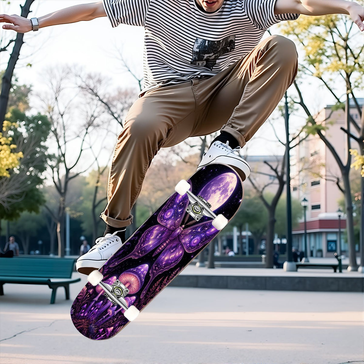 31"x8" Complete Skateboards for Beginners, Purple Floral Roses Butterfly Starry Vintage Botanical Double Kick 7 Ply Canadian Maple Deck Skateboard with Wheels, Gifts for Kids Teens