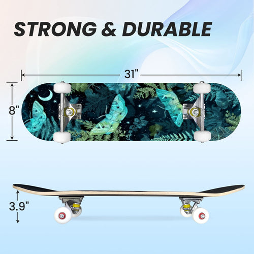 31"x8" Complete Skateboards for Beginners,Whimsical Blue Butterflies Green Foliage Dark Night Fantasy Double Kick 7 Ply Canadian Maple Deck Skateboard with Wheels, Gifts for Kids Teens