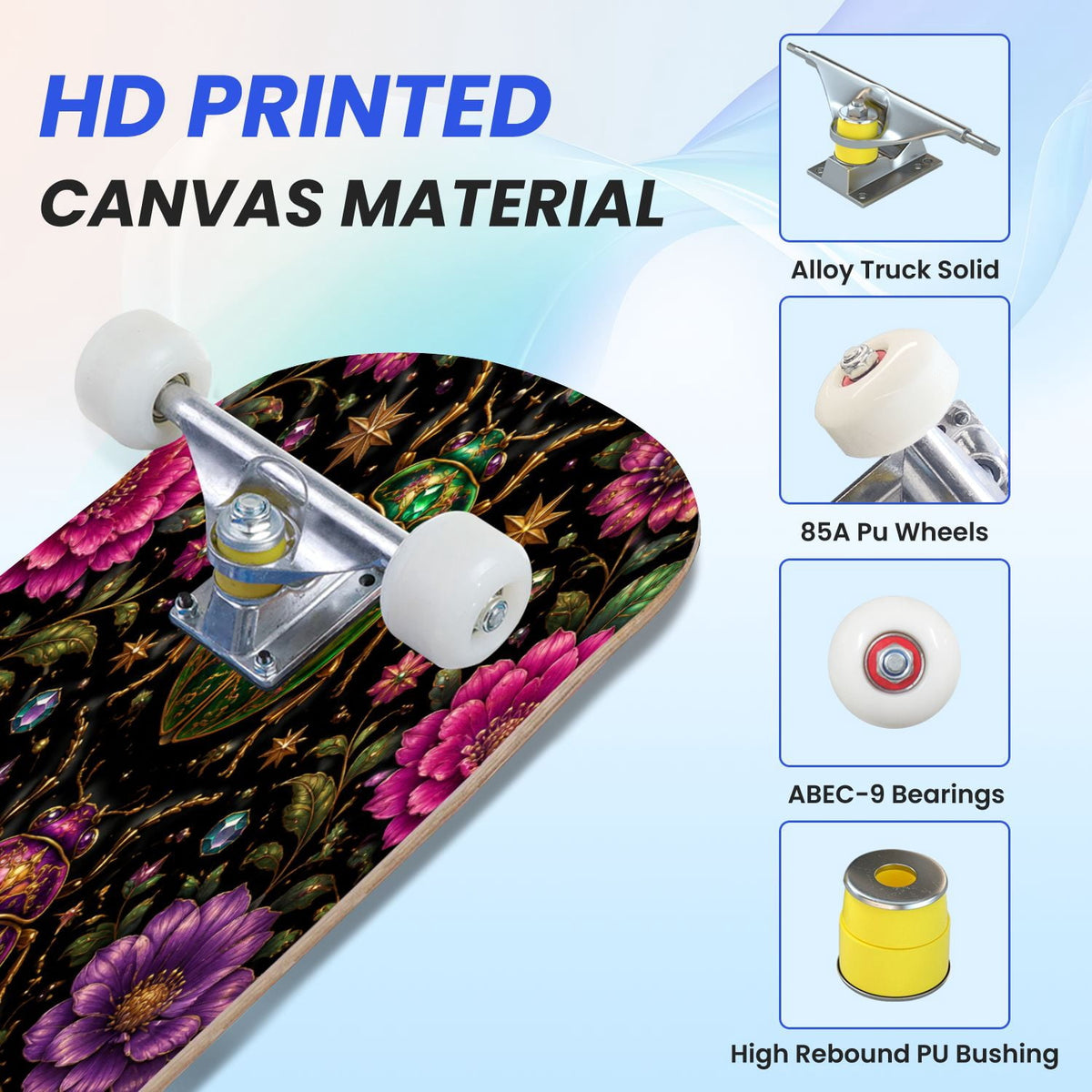 31"x8" Complete Skateboards for Beginners, Colorful Mushroom Floral Magical Night Forest Vintage Double Kick 7 Ply Canadian Maple Deck Skateboard with Wheels, Gifts for Kids Teens