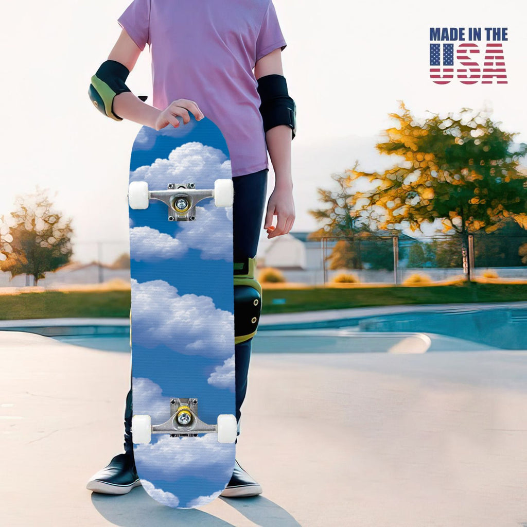 31"x8" Complete Skateboards for Beginners, Pastel Sky Fluffy Clouds Pink Purple Blue Summer Decor Double Kick 7 Ply Canadian Maple Deck Skateboard with Wheels, Gifts for Kids Teens