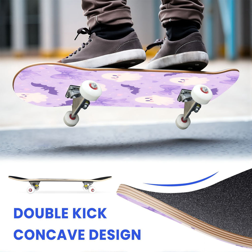 31"x8" Complete Skateboards for Beginners,Cute Ghosts Purple Bows Bats Lilac Halloween Double Kick 7 Ply Canadian Maple Deck Skateboard with Wheels, Gifts for Kids Teens