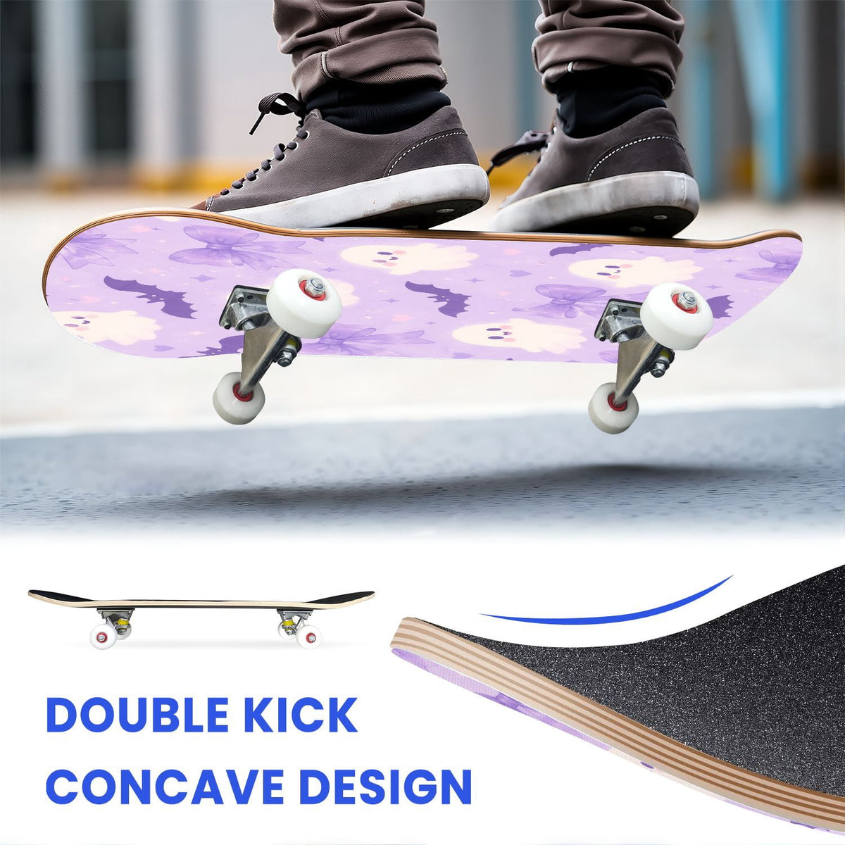 31"x8" Complete Skateboards for Beginners,Cute Ghosts Purple Bows Bats Lilac Halloween Double Kick 7 Ply Canadian Maple Deck Skateboard with Wheels, Gifts for Kids Teens