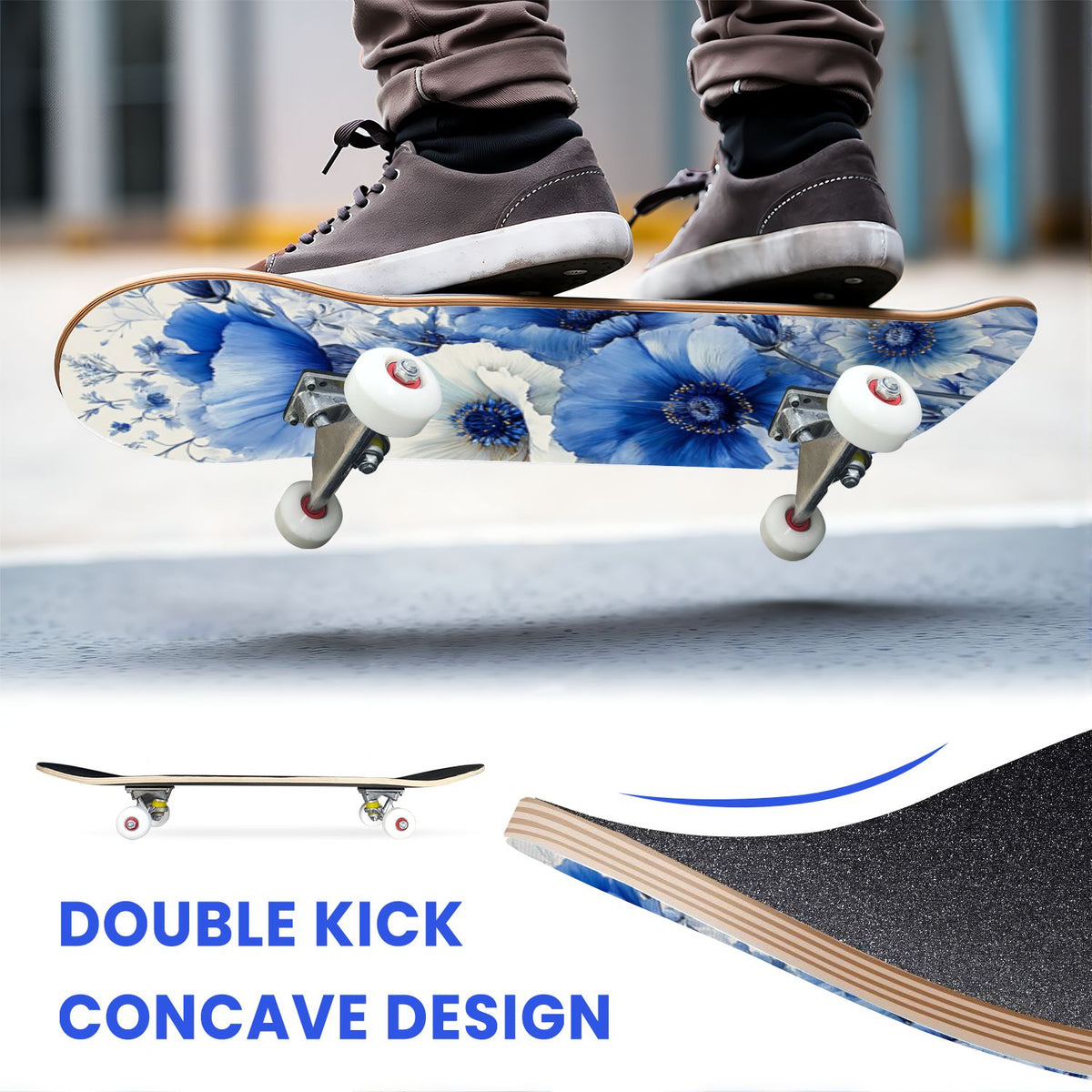 31"x8" Complete Skateboards for Beginners, Turquoise Flowers Teal Daisy Flower Butterfly Blue Romantic Double Kick 7 Ply Canadian Maple Deck Skateboard with Wheels, Gifts for Kids Teens