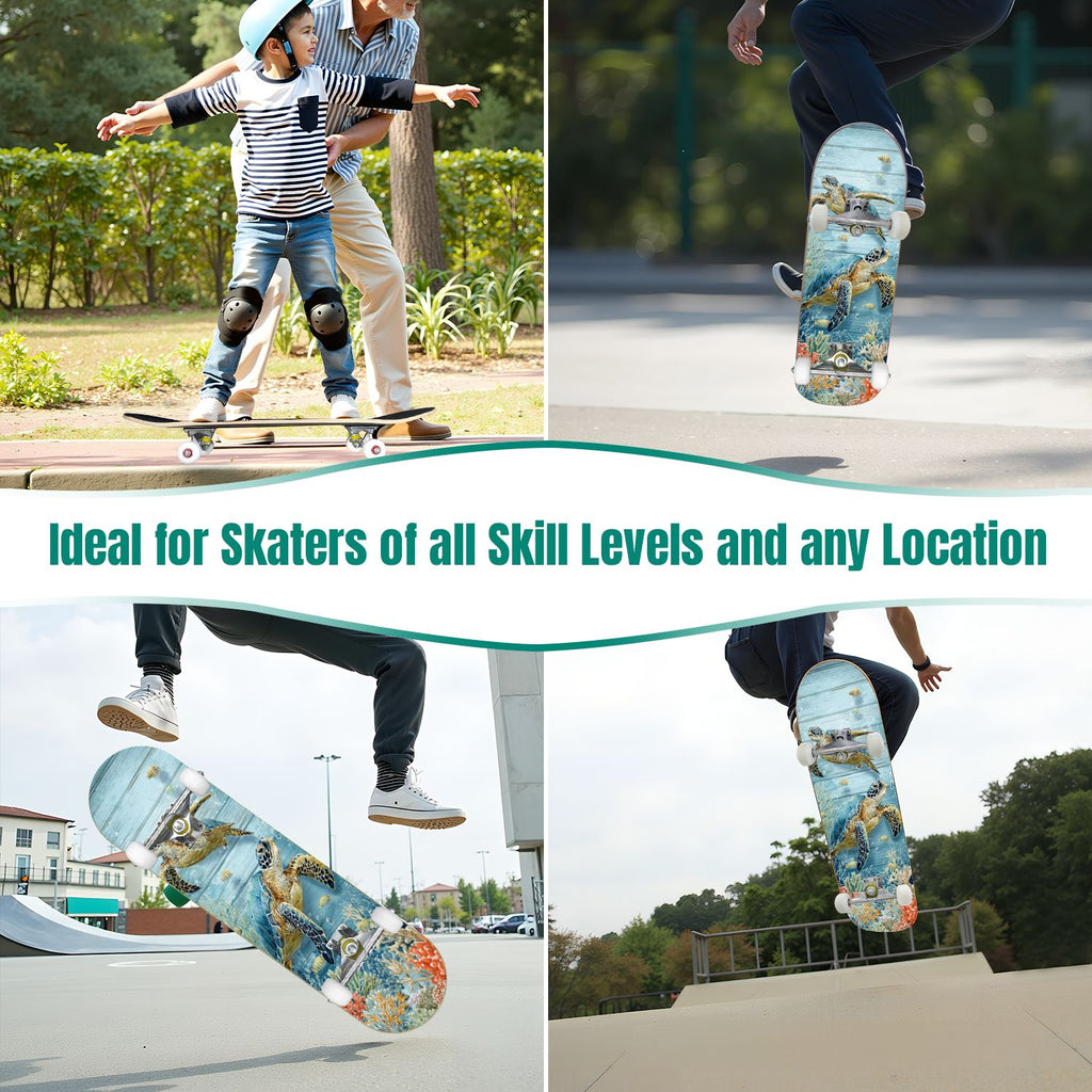 31"x8" Complete Skateboards for Beginners, Turquoise Flowers Teal Daisy Flower Butterfly Blue Romantic Double Kick 7 Ply Canadian Maple Deck Skateboard with Wheels, Gifts for Kids Teens