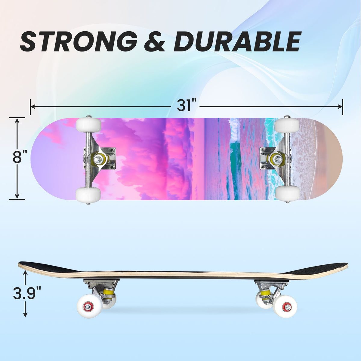 31"x8" Complete Skateboards for Beginners, Abstract Black Hexagon Honeycomb Glowing Blue Neon Geometric Double Kick 7 Ply Canadian Maple Deck Skateboard with Wheels, Gifts for Kids Teens