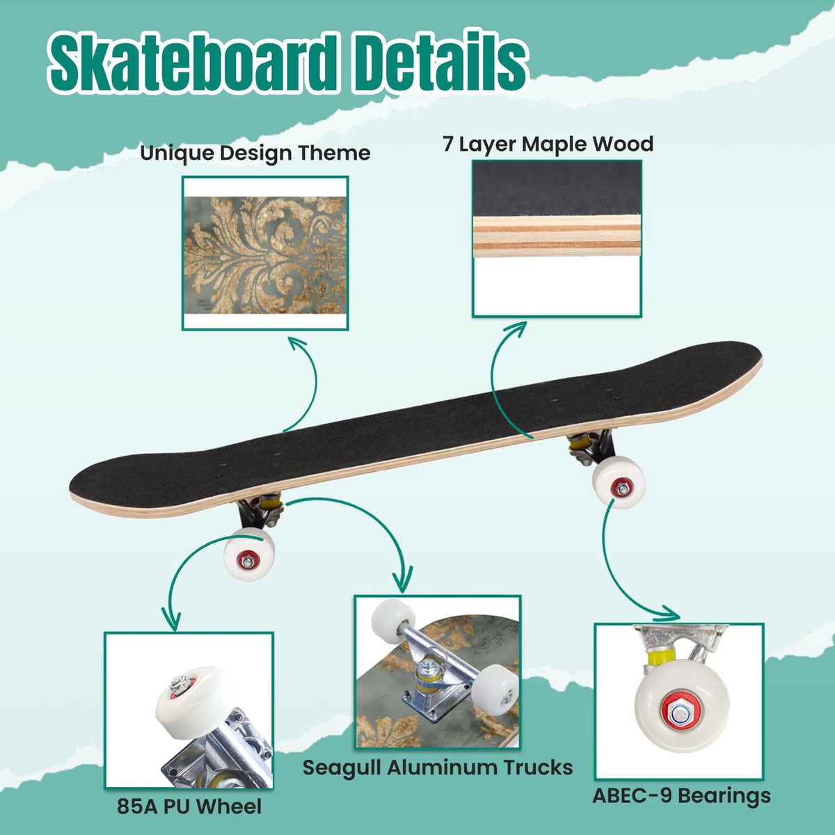 Elegant Purple Damask 31" x 8" Complete Skateboard, 7-Ply Canadian Maple Double Kick Trick Board for Kids and Beginners Adult Gifts