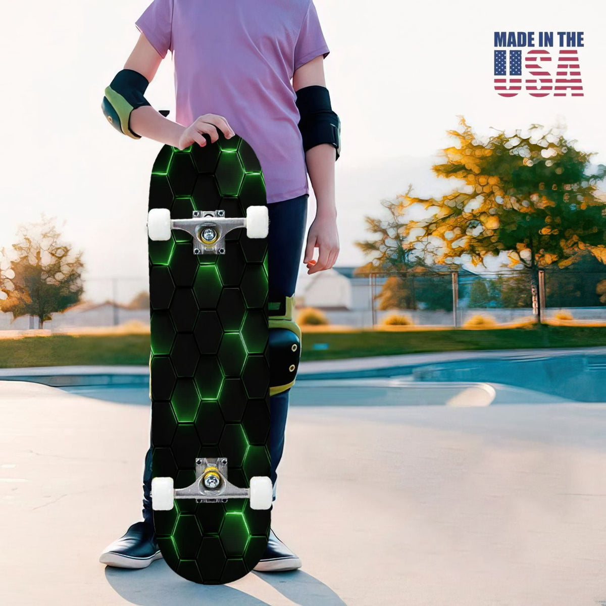 31"x8" Complete Skateboards for Beginners, Abstract Geometric Vibrant Neon Line Accents Dark Futuristic Double Kick 7 Ply Canadian Maple Deck Skateboard with Wheels, Gifts for Boys Teens