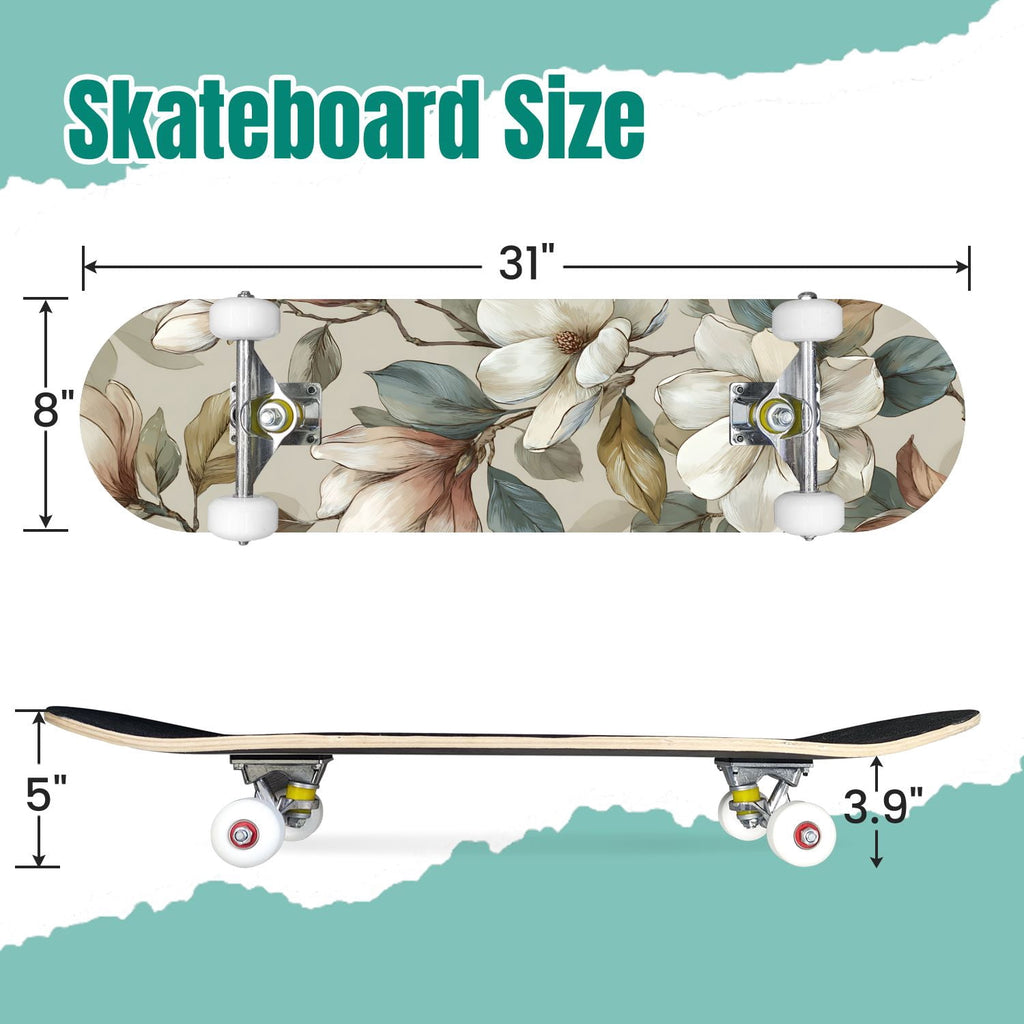 Vibrant Chrysanthemum Floral Bold Pink Purple Blooms 31" x 8" Complete Skateboard, 7-Ply Canadian Maple Double Kick Trick Board for Kids and Beginners Adult Gifts