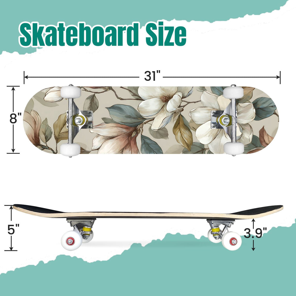Vibrant Chrysanthemum Floral Bold Pink Purple Blooms 31" x 8" Complete Skateboard, 7-Ply Canadian Maple Double Kick Trick Board for Kids and Beginners Adult Gifts