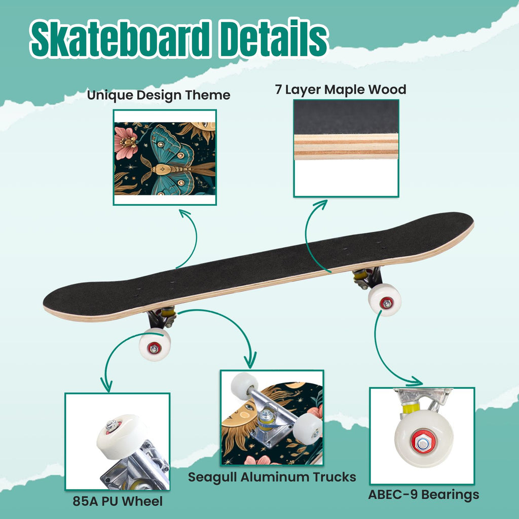 Golden Floral Line Art Seamless 31" x 8" Complete Skateboard, 7-Ply Canadian Maple Double Kick Trick Board for Kids and Beginners Adult Gifts