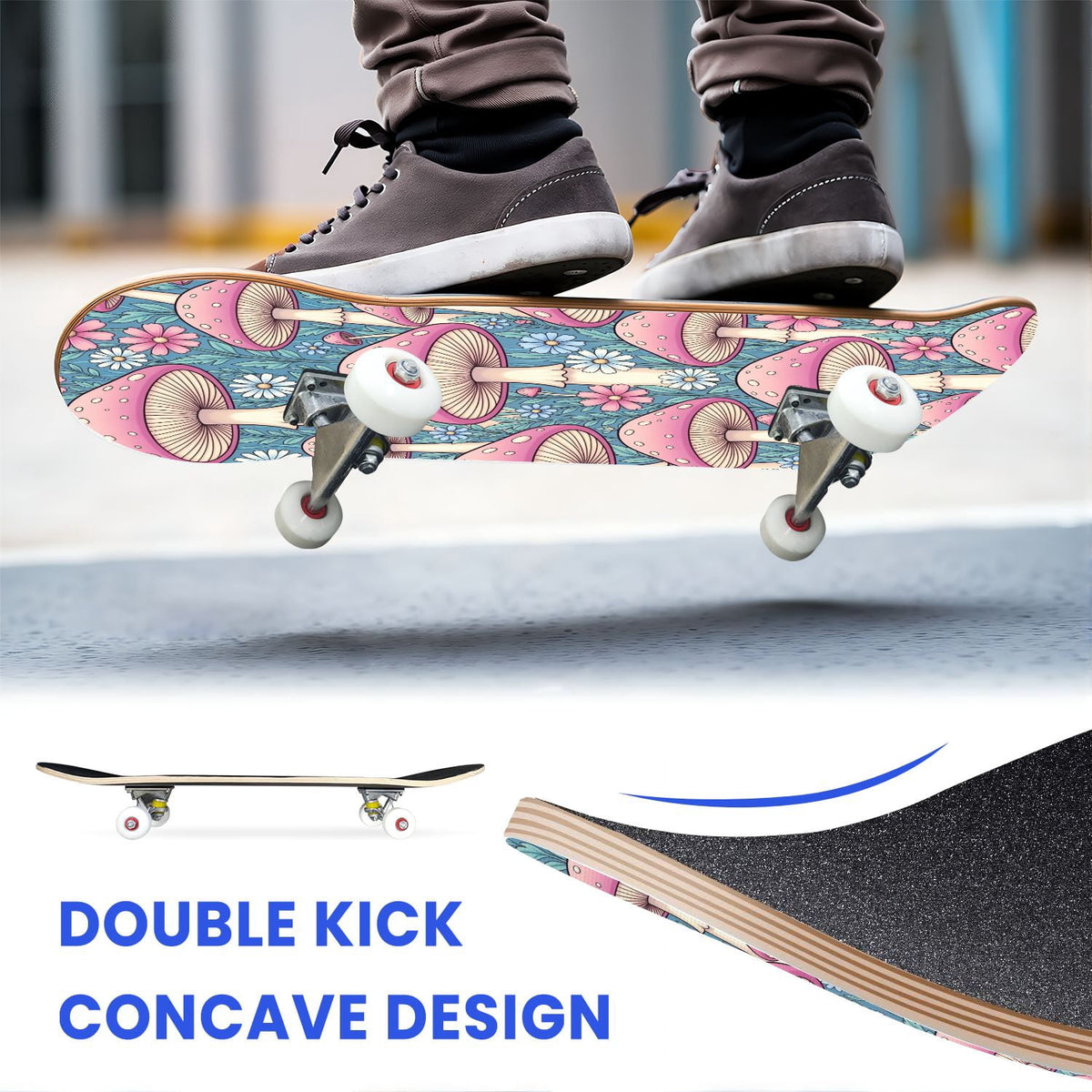 31"x8" Complete Skateboards for Beginners, Pink Floral Striped Delicate Leaves Flowers Botanical Double Kick 7 Ply Canadian Maple Deck Skateboard with Wheels, Gifts for Girls Teens