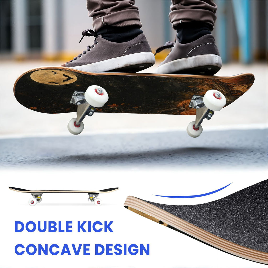 31"x8" Complete Skateboards for Beginners,Cute Ghosts Purple Bows Bats Lilac Halloween Double Kick 7 Ply Canadian Maple Deck Skateboard with Wheels, Gifts for Kids Teens