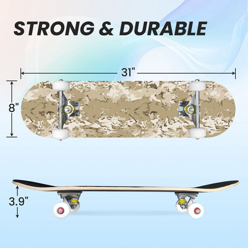 31"x8" Complete Skateboards for Beginners,Desert Camouflage Beige Tan Cream Organic Abstract Shapes Double Kick 7 Ply Canadian Maple Deck Skateboard with Wheels, Gifts for Kids Teens