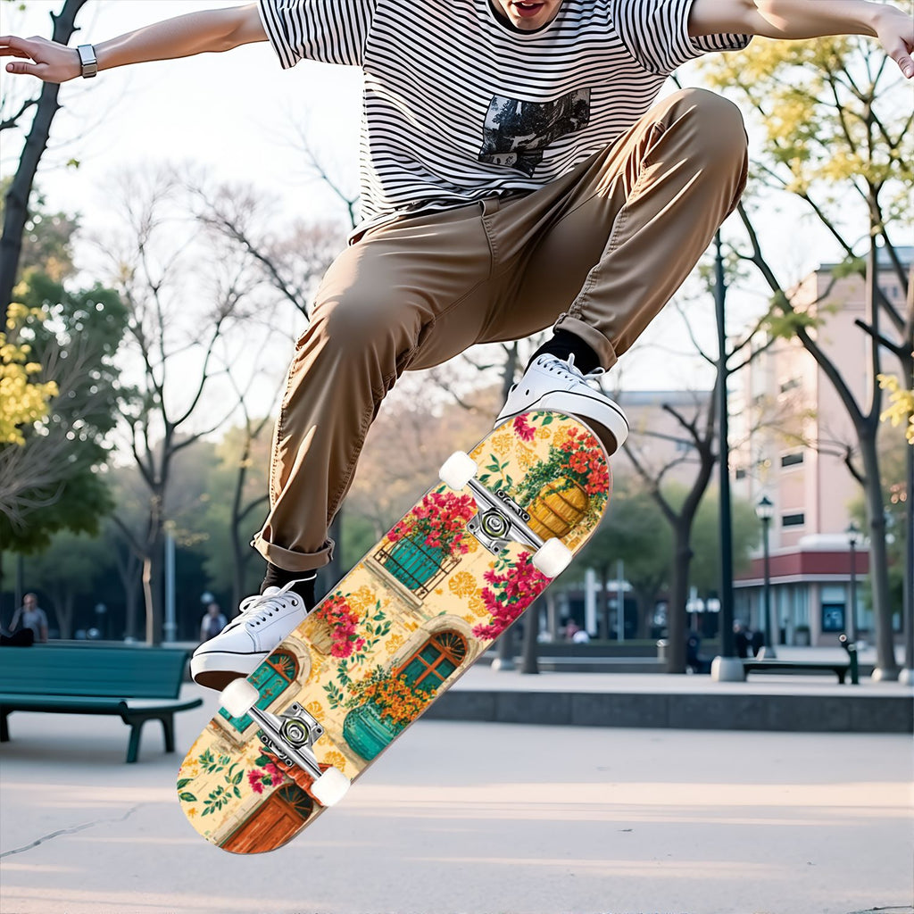 31"x8" Complete Skateboards for Beginners, Vintage Forest Woodland Large Trees Leaves River Cottage Double Kick 7 Ply Canadian Maple Deck Skateboard with Wheels, Gifts for Kids Teens