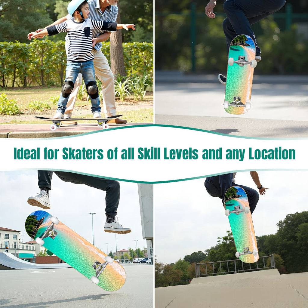 31"x8" Complete Skateboards for Beginners, Idyllic Tropical Beach Turquoise Water Golden Sand Shoreline Double Kick 7 Ply Canadian Maple Deck Skateboard with Wheels, Gifts for Kids Teens