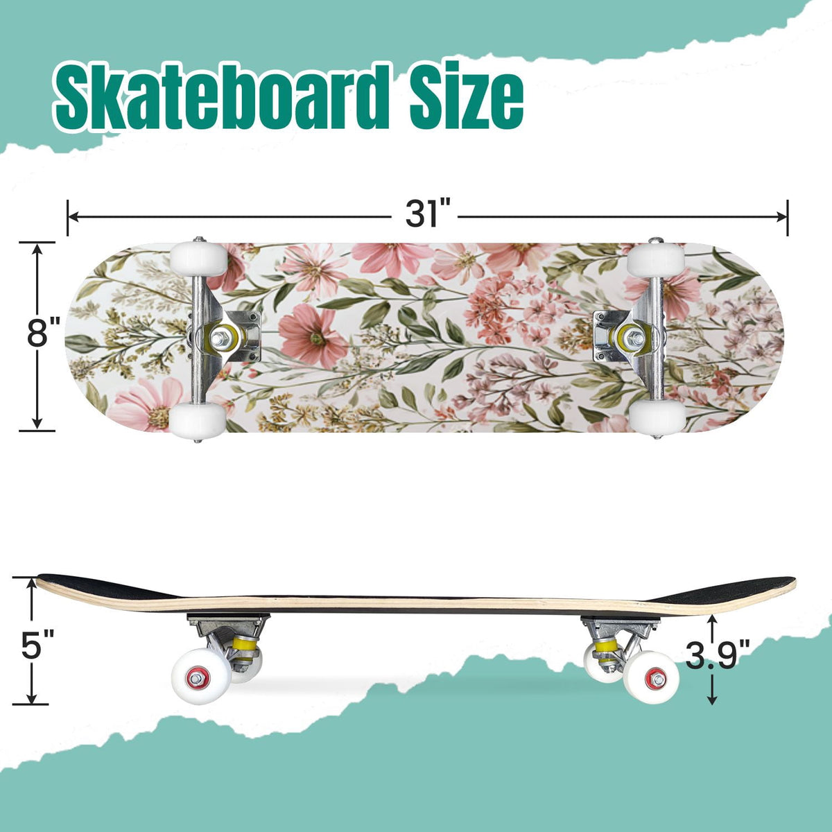 Golden Floral Line Art Seamless 31" x 8" Complete Skateboard, 7-Ply Canadian Maple Double Kick Trick Board for Kids and Beginners Adult Gifts