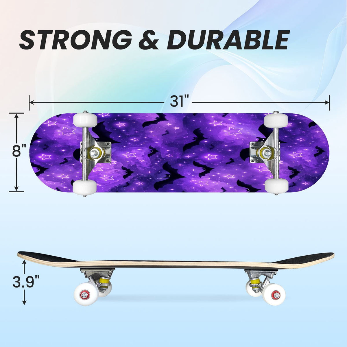 31"x8" Complete Skateboards for Beginners,Cute Ghosts Purple Bows Bats Lilac Halloween Double Kick 7 Ply Canadian Maple Deck Skateboard with Wheels, Gifts for Kids Teens