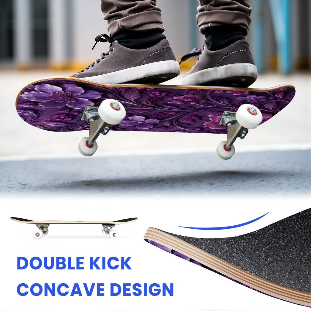 31"x8" Complete Skateboards for Beginners, Purple Celestial Moon Sun Art Floral Stars Double Kick 7 Ply Canadian Maple Deck Skateboard with Wheels, Gifts for Kids Teens