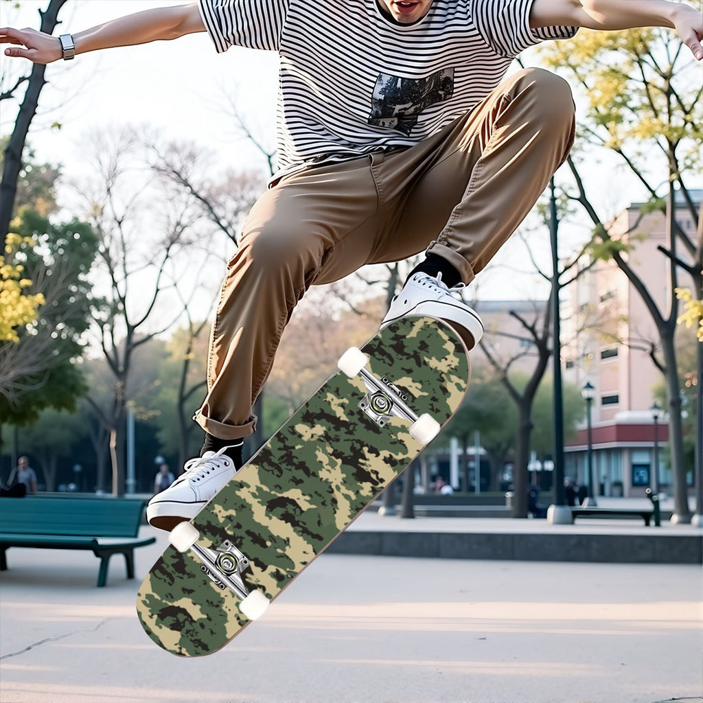 31"x8" Complete Skateboards for Beginners,Desert Camouflage Beige Tan Cream Organic Abstract Shapes Double Kick 7 Ply Canadian Maple Deck Skateboard with Wheels, Gifts for Kids Teens