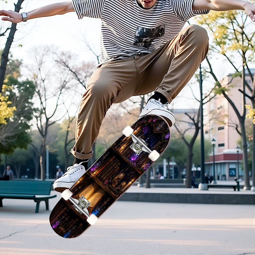 31"x8" Complete Skateboards for Beginners, Glowing Bioluminescent Mushrooms Mystical Forest Double Kick 7 Ply Canadian Maple Deck Skateboard with Wheels, Gifts for Kids Teens