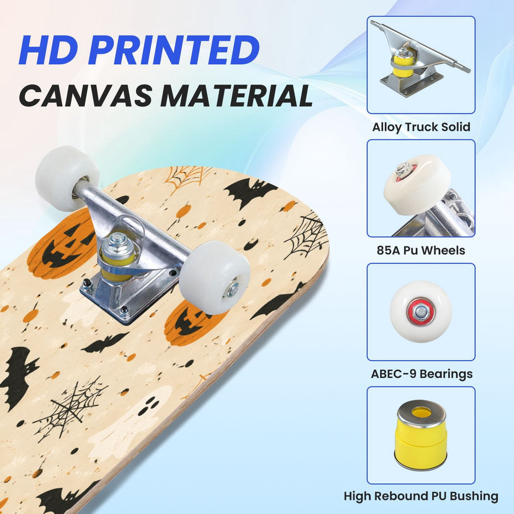 31"x8" Complete Skateboards for Beginners,Halloween Black Cats Pumpkins Ghosts Bats Beige Double Kick 7 Ply Canadian Maple Deck Skateboard with Wheels, Gifts for Kids Teens