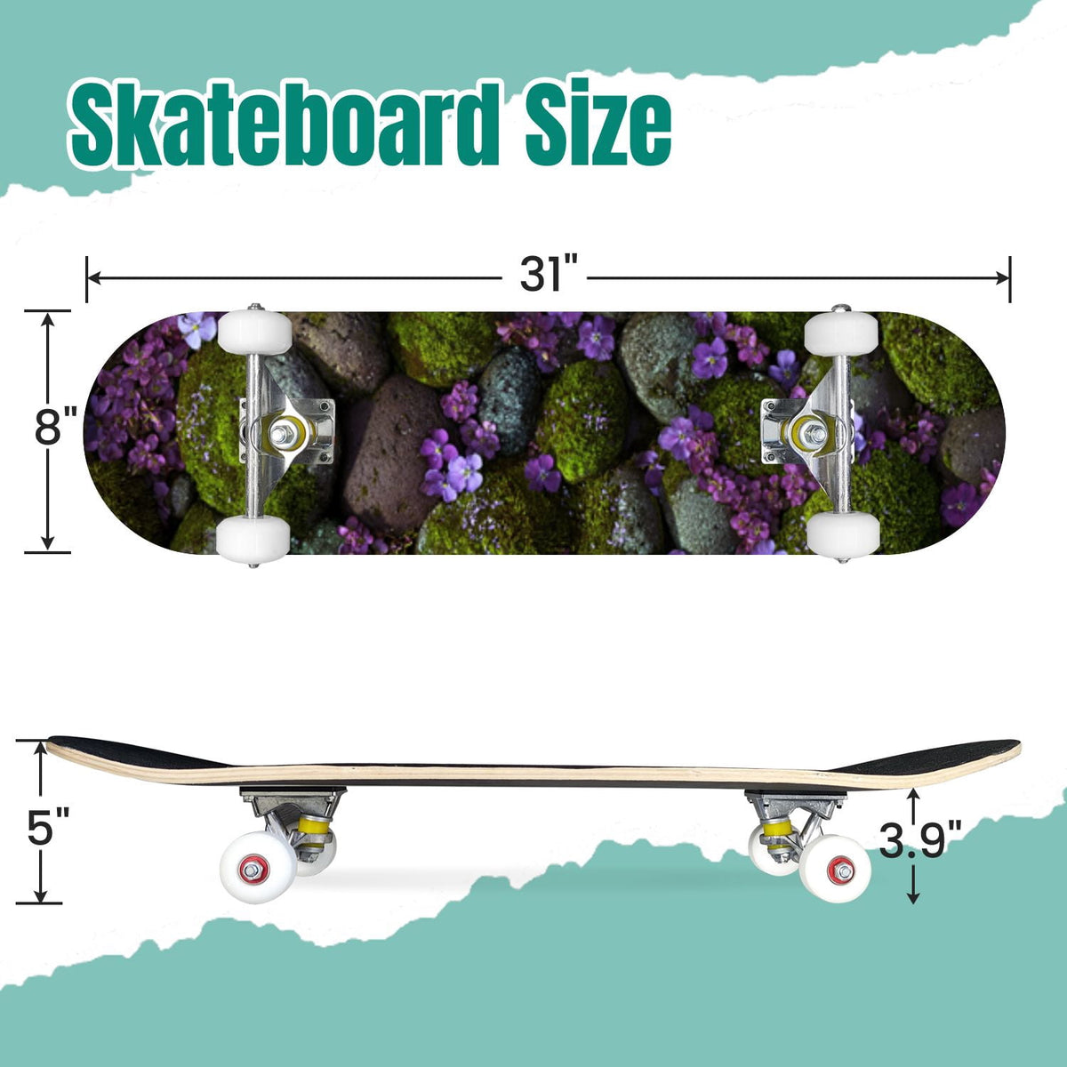 Moss Purple Flowers Rocky Ground 31" x 8" Complete Skateboard, 7-Ply Canadian Maple Double Kick Trick Board for Kids and Beginners Adult Gifts