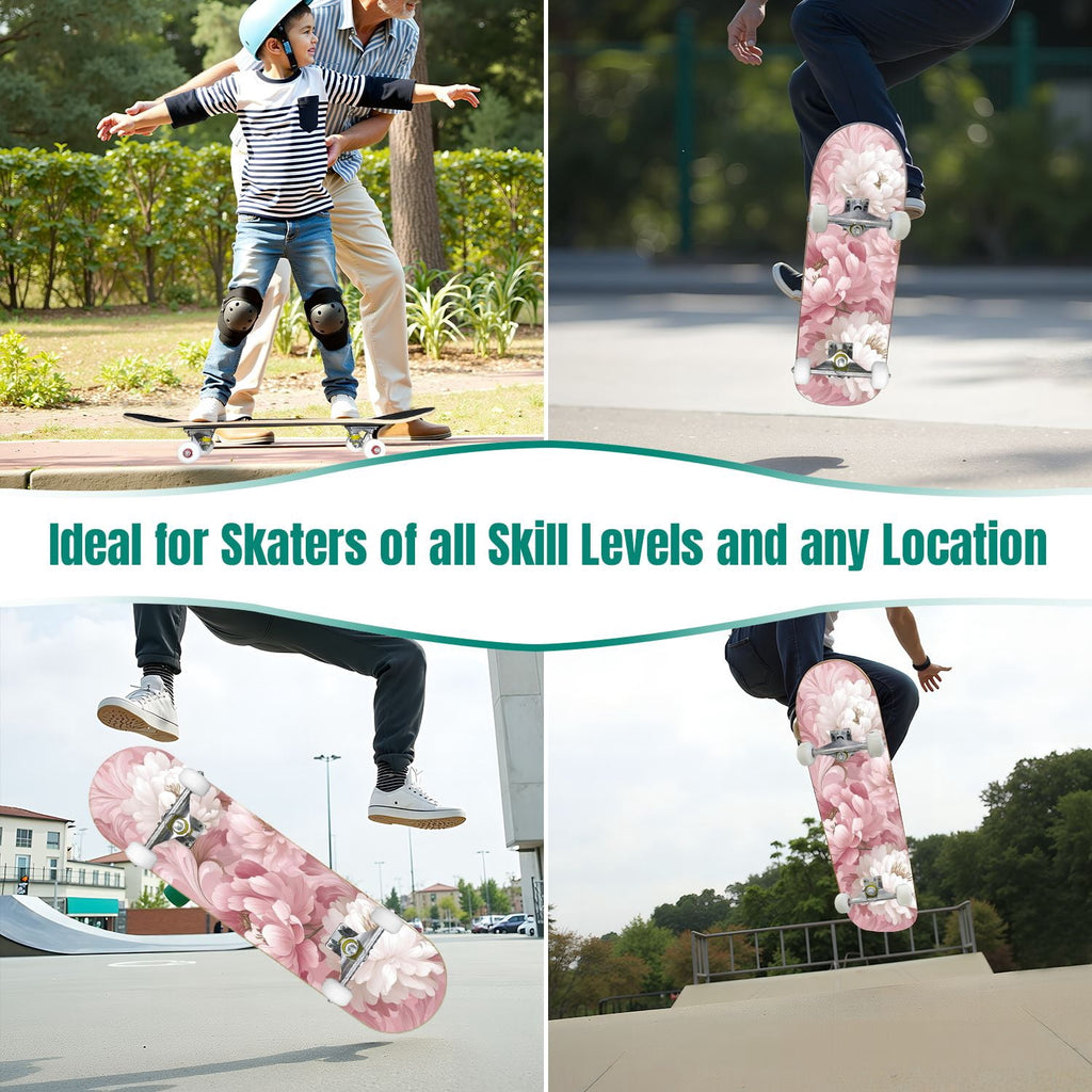 Dark Floral Wildflower Pink Yellow Blue Blooms 31" x 8" Complete Skateboard, 7-Ply Canadian Maple Double Kick Trick Board for Kids and Beginners Adult Gifts