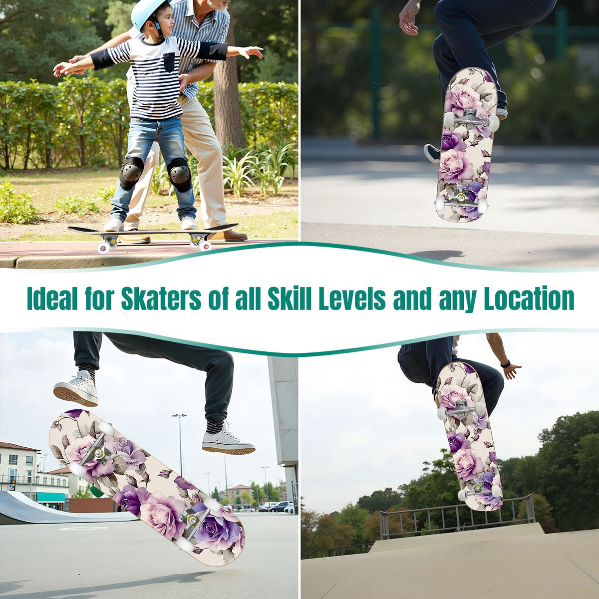 31"x8" Complete Skateboards for Beginners, Elegant Floral Pink Roses Blue Butterflies Double Kick 7 Ply Canadian Maple Deck Skateboard with Wheels, Gifts for Kids Teens