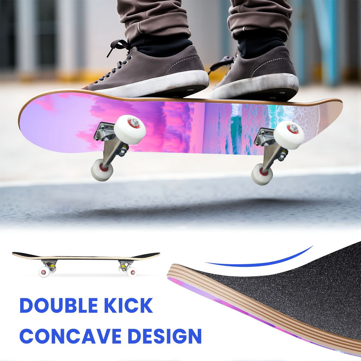 31"x8" Complete Skateboards for Beginners, Abstract Black Hexagon Honeycomb Glowing Blue Neon Geometric Double Kick 7 Ply Canadian Maple Deck Skateboard with Wheels, Gifts for Kids Teens