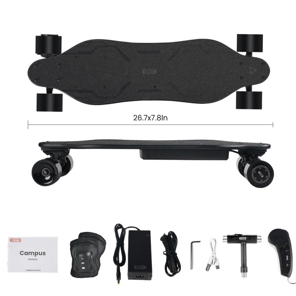 MEEPO Campus Electric Skateboard with Remote, 26.7 in Compact 7-Ply Maple E-Skateboard, Up to 16 MPH, 8–10 Mile Range, 4 Speed Modes, Smooth Braking, Carry Handle, for Teens & Beginners