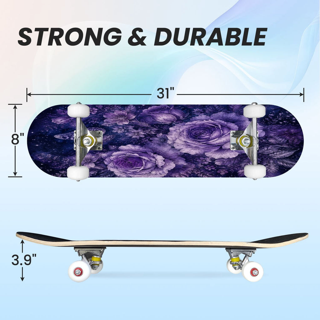 31"x8" Complete Skateboards for Beginners, Purple Floral Roses Butterfly Starry Vintage Botanical Double Kick 7 Ply Canadian Maple Deck Skateboard with Wheels, Gifts for Kids Teens