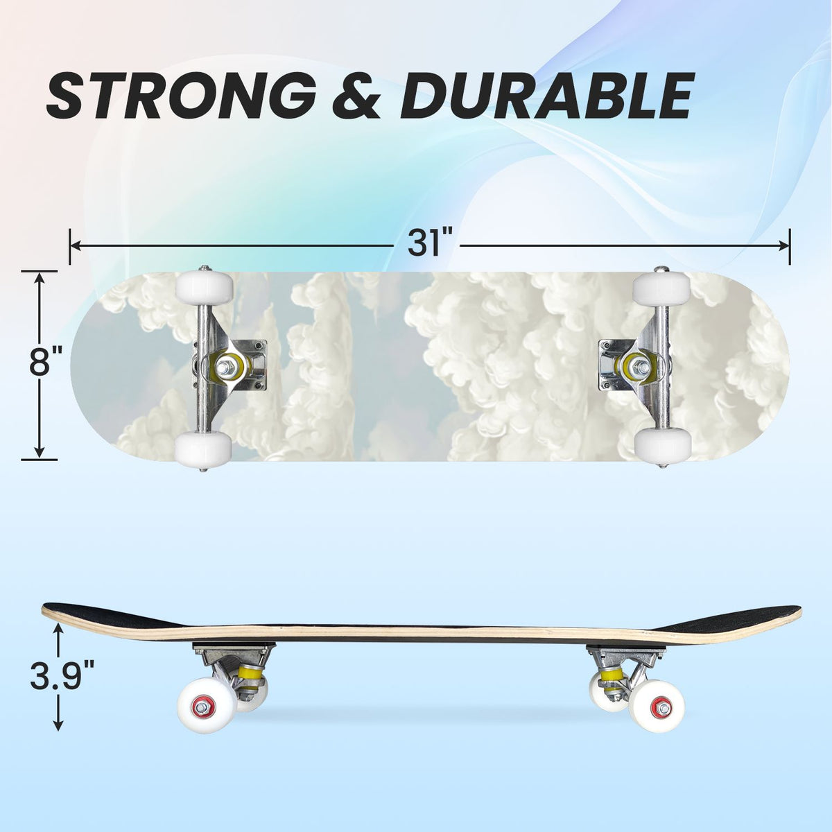 31"x8" Complete Skateboards for Beginners, Cute Light Blue Sky Cartoon Summer Decor Double Kick 7 Ply Canadian Maple Deck Skateboard with Wheels, Gifts for Kids Teens