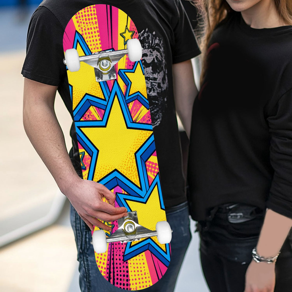 Complete Skateboard Colorful Hearts Graffiti 31 Inch 7-Ply Maple Skateboard with PU Wheels and Aluminum Trucks, Ready-to-Ride Skateboard for Beginners, Teens and Adults