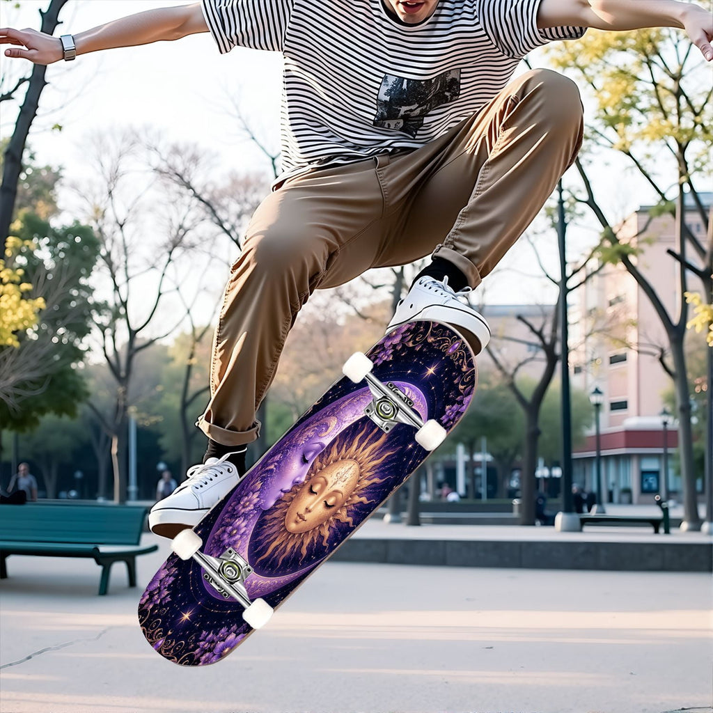 31"x8" Complete Skateboards for Beginners, Purple Celestial Moon Sun Art Floral Stars Double Kick 7 Ply Canadian Maple Deck Skateboard with Wheels, Gifts for Kids Teens
