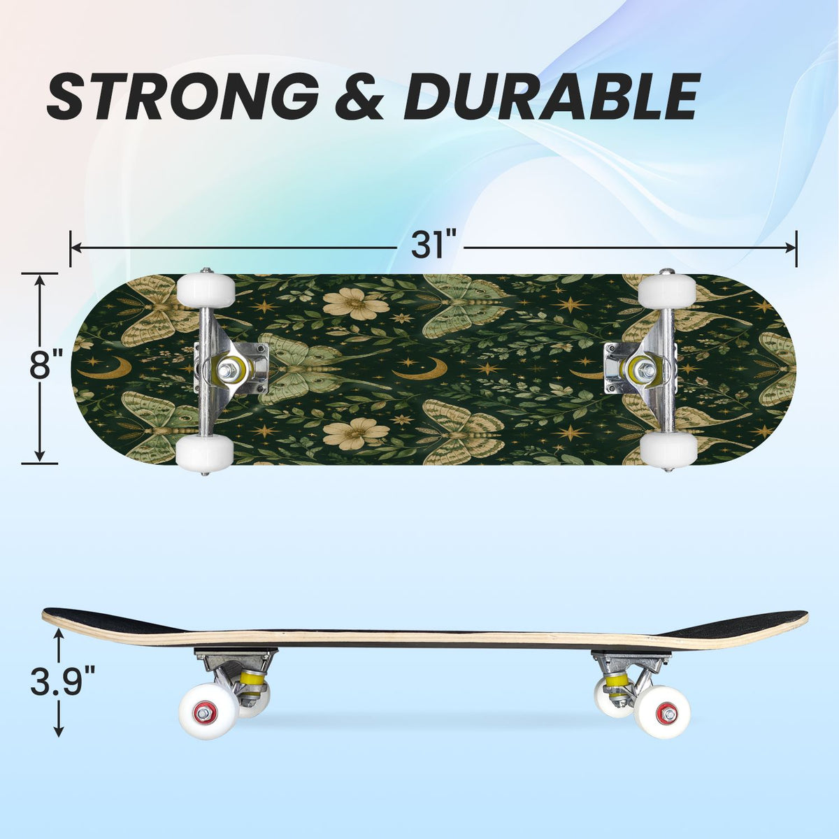 31"x8" Complete Skateboards for Beginners, Purple Floral Roses Butterfly Starry Vintage Botanical Double Kick 7 Ply Canadian Maple Deck Skateboard with Wheels, Gifts for Kids Teens
