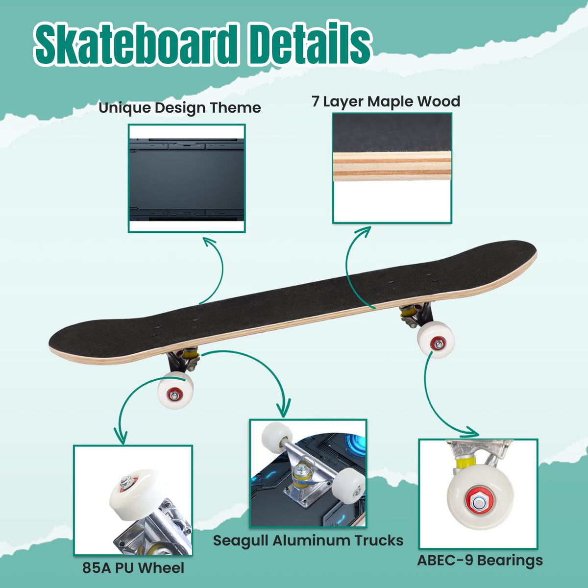 Futuristic Glowing Orange Neon Lines Dark Metallic Panels 31" x 8" Complete Skateboard, 7-Ply Canadian Maple Double Kick Trick Board for Kids and Beginners Adult Gifts
