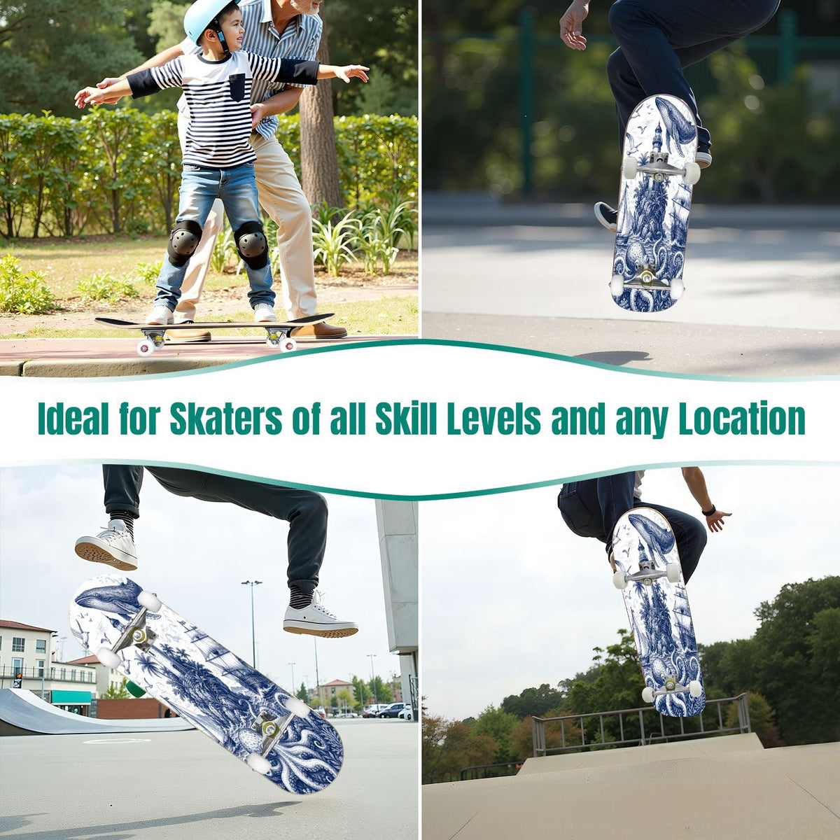 Abstract Geometric Curved Shapes Earthy Tones 31" x 8" Complete Skateboard, 7-Ply Canadian Maple Double Kick Trick Board for Kids and Beginners Adult Gifts