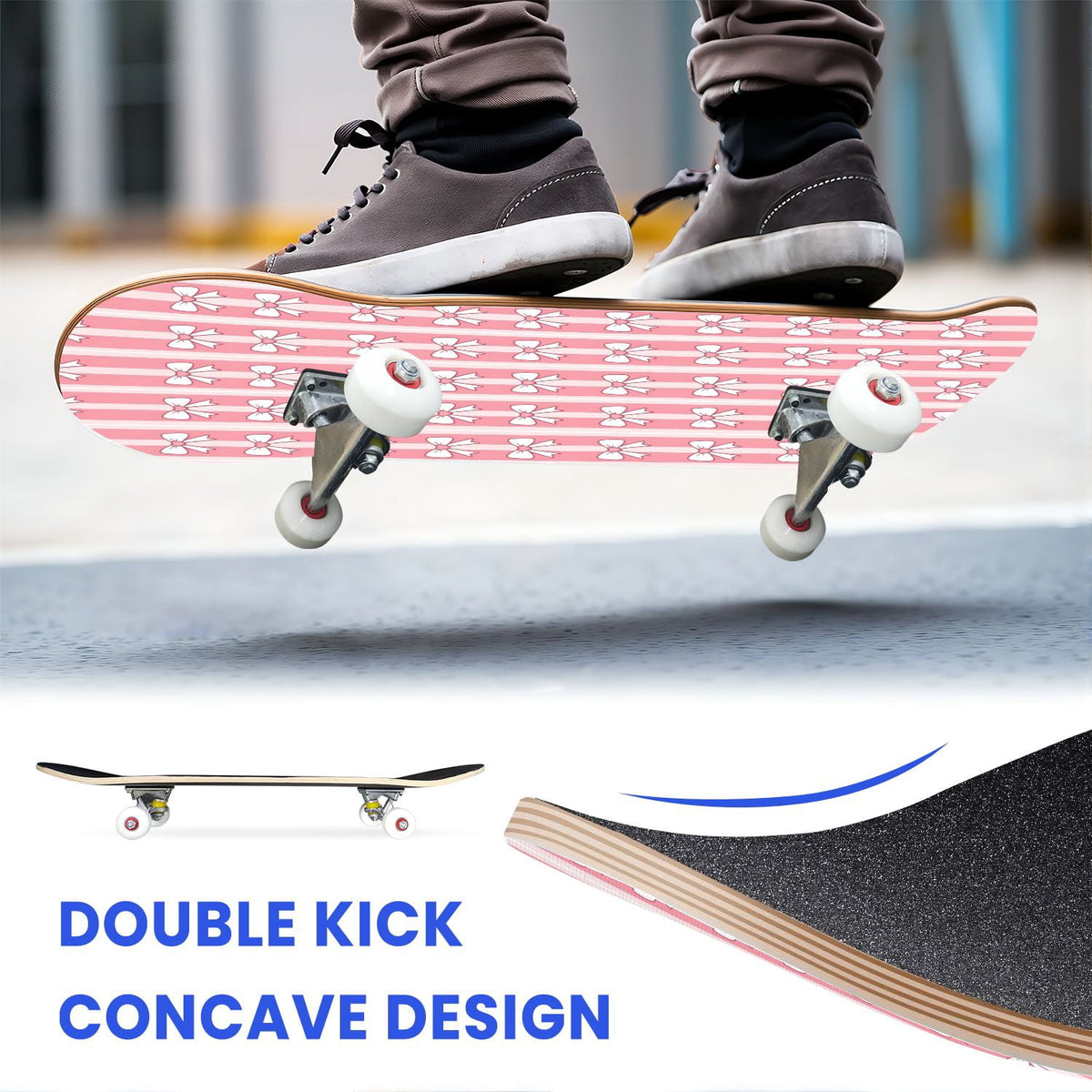 31"x8" Complete Skateboards for Beginners, Pink Floral Striped Delicate Leaves Flowers Botanical Double Kick 7 Ply Canadian Maple Deck Skateboard with Wheels, Gifts for Girls Teens