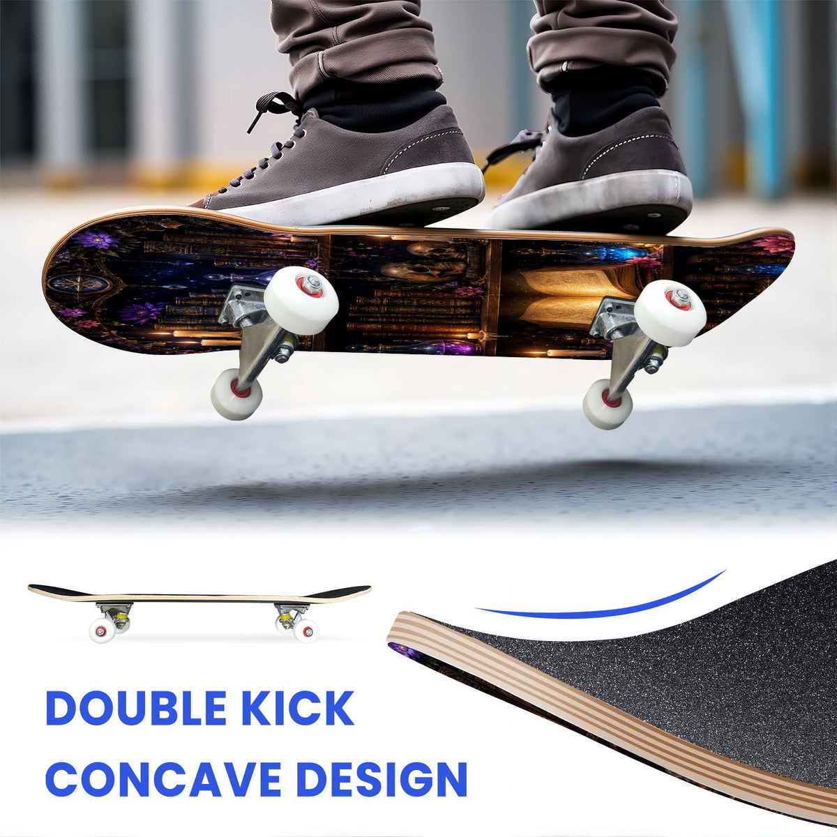 31"x8" Complete Skateboards for Beginners, Glowing Bioluminescent Mushrooms Mystical Forest Double Kick 7 Ply Canadian Maple Deck Skateboard with Wheels, Gifts for Kids Teens