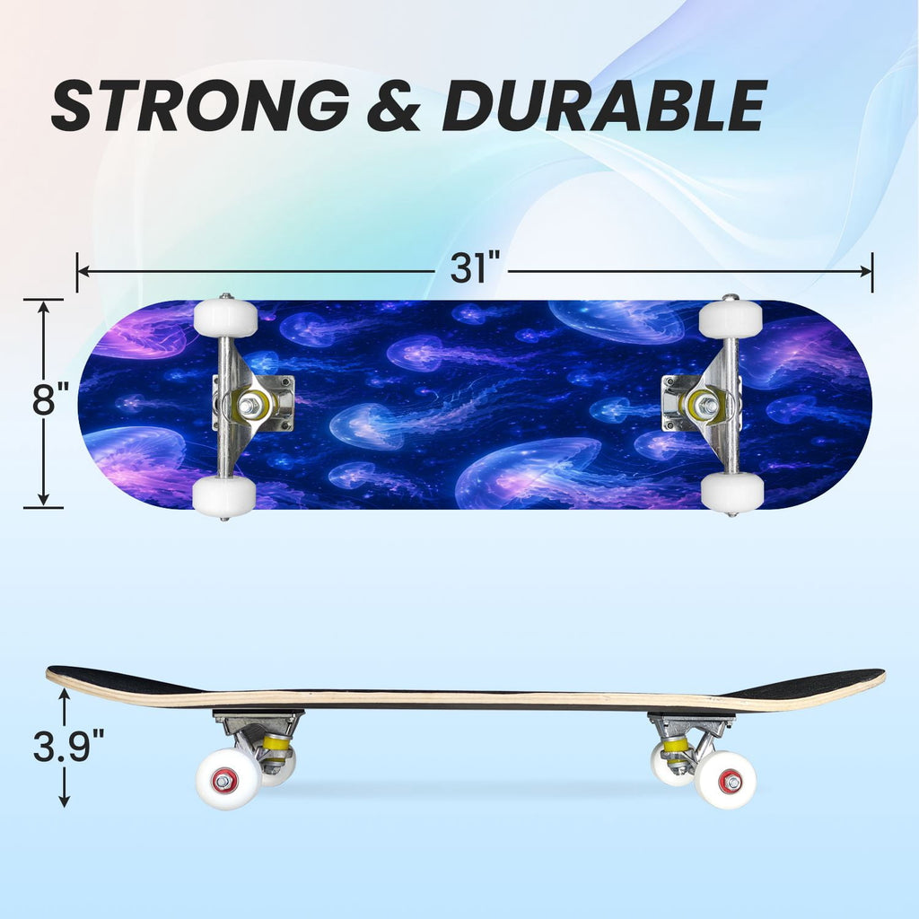 31"x8" Complete Skateboards for Beginners, Seashell Starfish Blue White Nautical Marine Life Double Kick 7 Ply Canadian Maple Deck Skateboard with Wheels, Gifts for Kids Teens