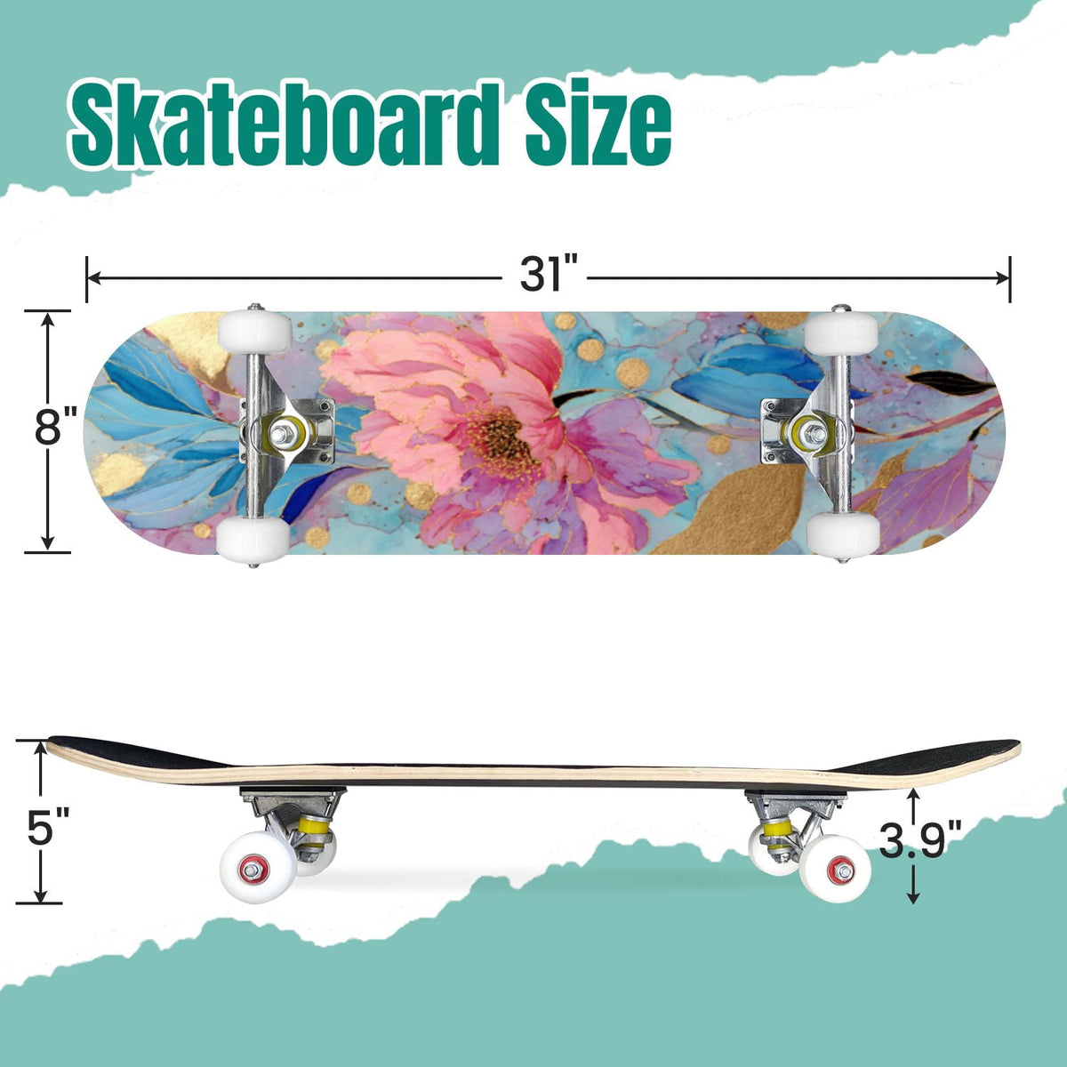 Autumn Forest Camouflage Oak Leaves Tree Branches 31" x 8" Complete Skateboard, 7-Ply Canadian Maple Double Kick Trick Board for Kids and Beginners Adult Gifts