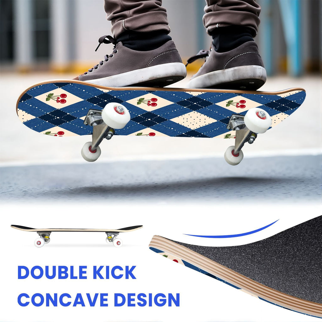 31"x8" Complete Skateboards for Beginners,Pink White Gingham Checkered Subtle Double Kick 7 Ply Canadian Maple Deck Skateboard with Wheels, Gifts for Kids Teens