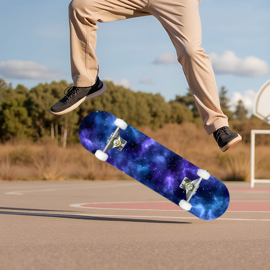 Starry Nebula Deep Blue Purple Tones Cosmic Clouds Stars 31" x 8" Complete Skateboard, 7-Ply Canadian Maple Double Kick Trick Board for Kids and Beginners Adult Gifts