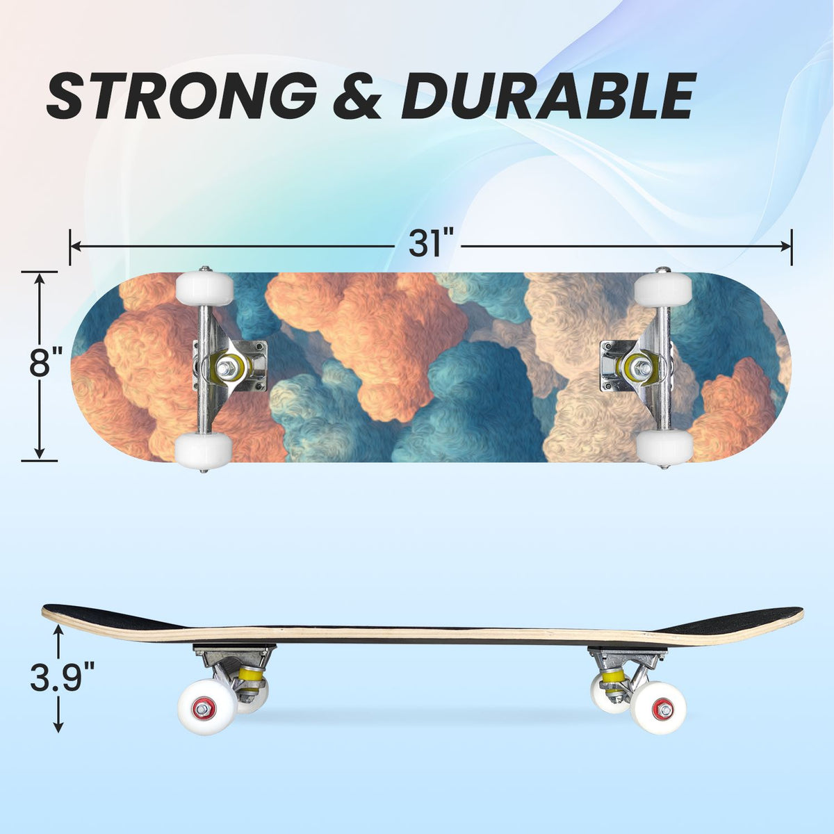 31"x8" Complete Skateboards for Beginners, Pastel Clouds Sparkles Dreamy Gradient Sky Summer Decor Double Kick 7 Ply Canadian Maple Deck Skateboard with Wheels, Gifts for Kids Teens