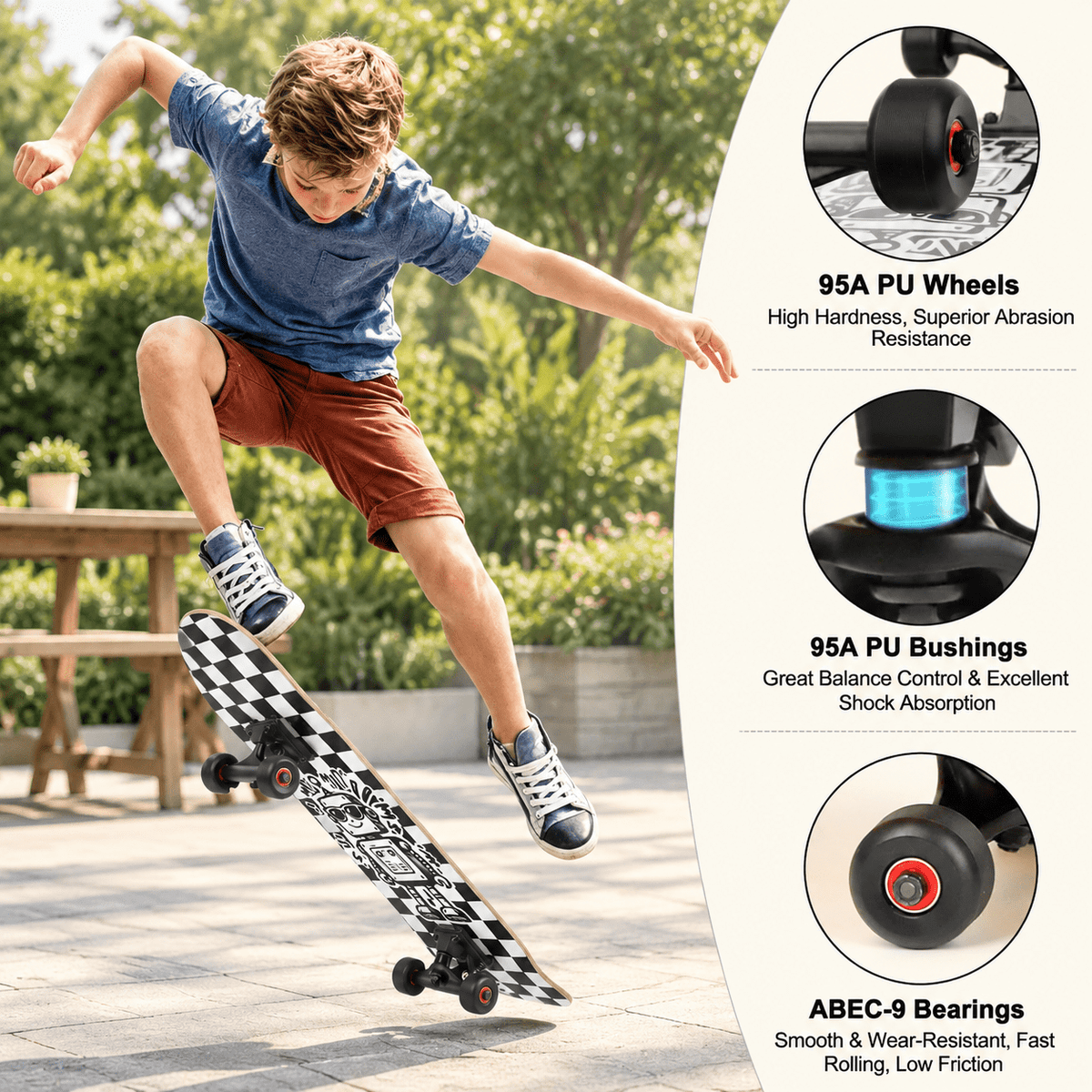 Checkerbot 31"x8" Standard Complete Skateboard with 7 Layer Canadian Maple for Beginners Adults Teens