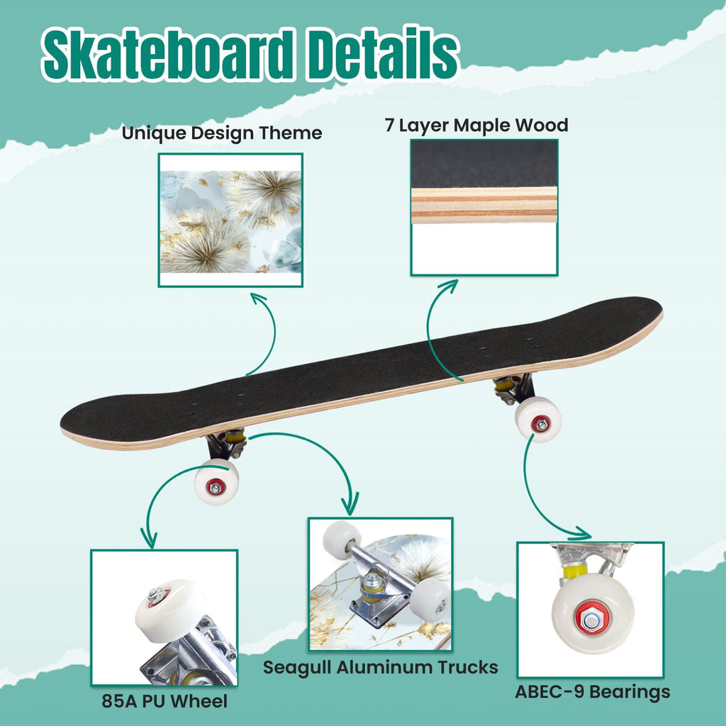 Vintage Damask Light Blue Brown Tones 31" x 8" Complete Skateboard, 7-Ply Canadian Maple Double Kick Trick Board for Kids and Beginners Adult Gifts