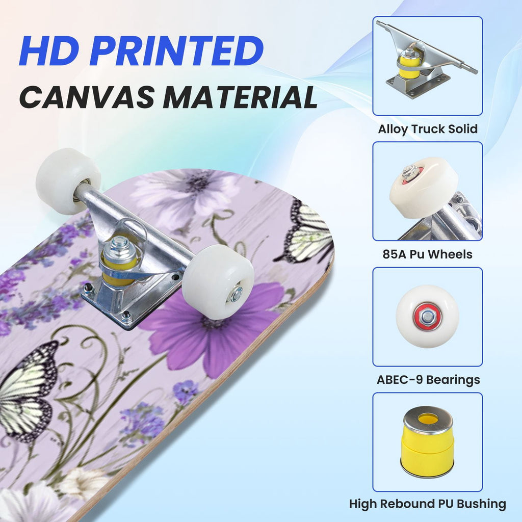 31"x8" Complete Skateboards for Beginners,Farmhouse Floral Daisy Flower Rustic Wood Board Double Kick 7 Ply Canadian Maple Deck Skateboard with Wheels, Gifts for Kids Teens