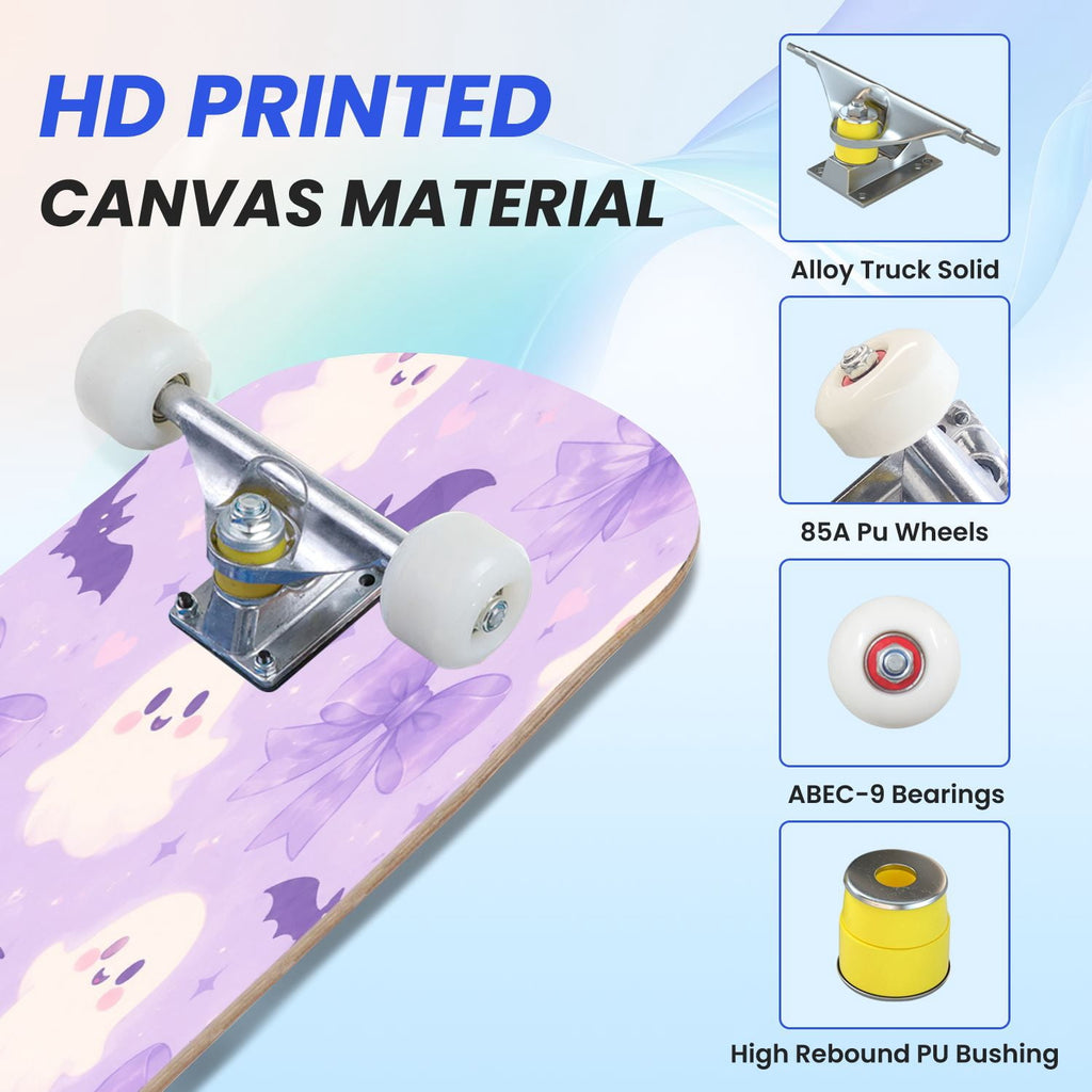 31"x8" Complete Skateboards for Beginners,Cute Ghosts Purple Bows Bats Lilac Halloween Double Kick 7 Ply Canadian Maple Deck Skateboard with Wheels, Gifts for Kids Teens